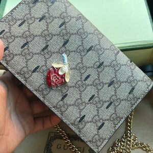Gucci Beige Monogram Wallet with Red Apple Accent